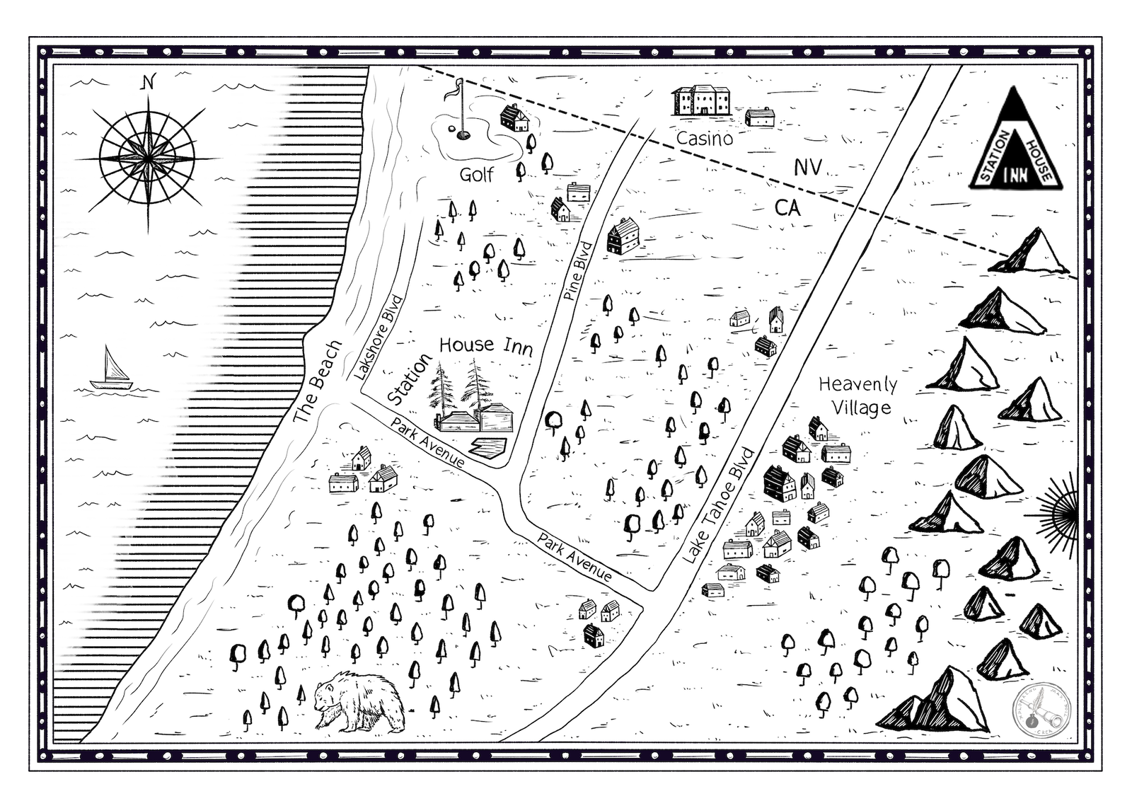 Hand-drawn map of Station House Inn and surrounding South Lake Tahoe area