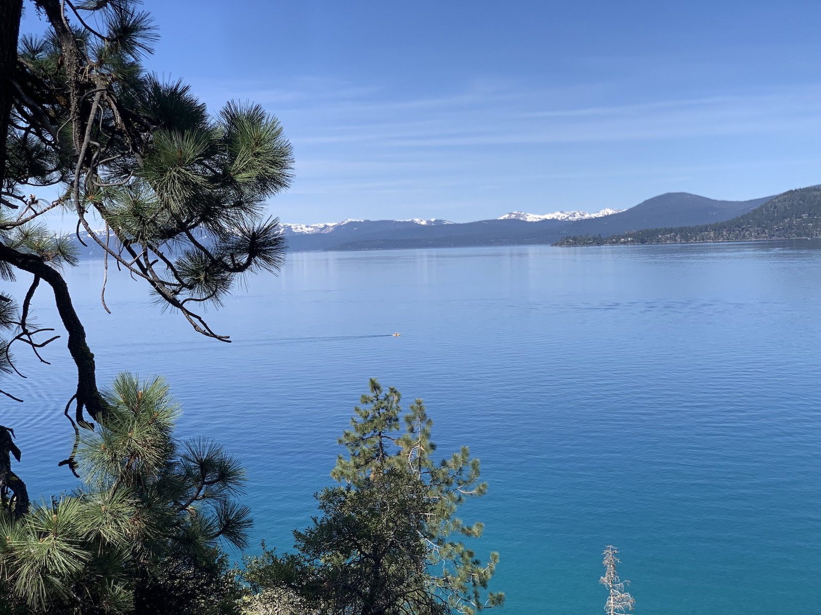 lake tahoe east short trail view of the lake with tree in the foreground and mountains in the distance